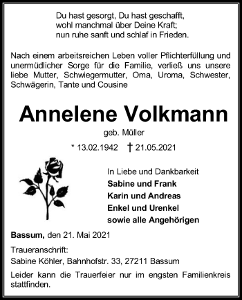 Todesanzeige von Annelene Volkmann von SYK