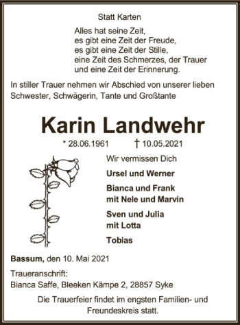 Todesanzeige von Karin Landwehr von SYK