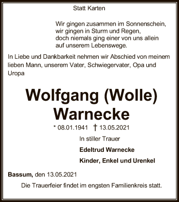 Todesanzeige von Wolfgang Warnecke von SYK