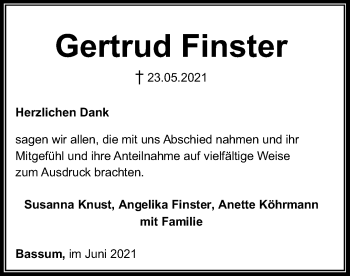 Todesanzeige von Gertrud Finster von SYK