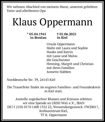 Todesanzeige von Klaus Oppermann von SYK