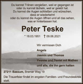 Todesanzeige von Peter Teske von SYK