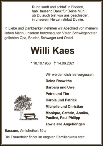 Todesanzeige von Willi Kaes von SYK