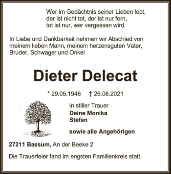 Todesanzeige von Dieter Delecat von SYK