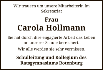 Todesanzeige von Carola Hollmann von SYK