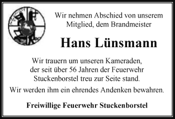 Todesanzeige von Hans Lünsmann von SYK