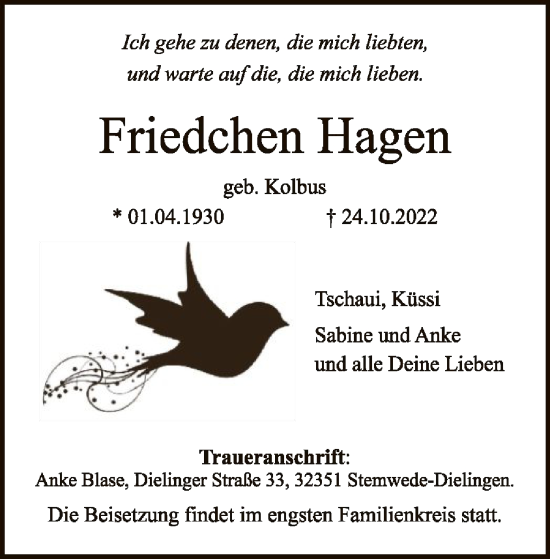 Todesanzeige von Friedchen Hagen von SYK