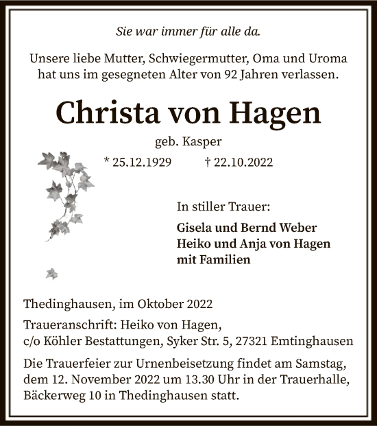 Todesanzeige von Christa von Hagen von SYK