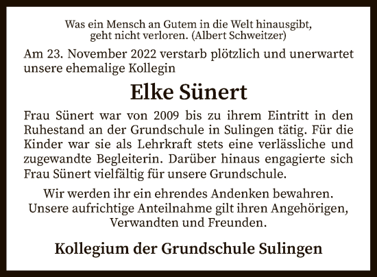 Todesanzeige von Elke Sünert von SYK