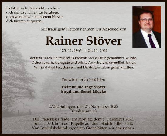 Todesanzeige von Rainer Stöver von SYK