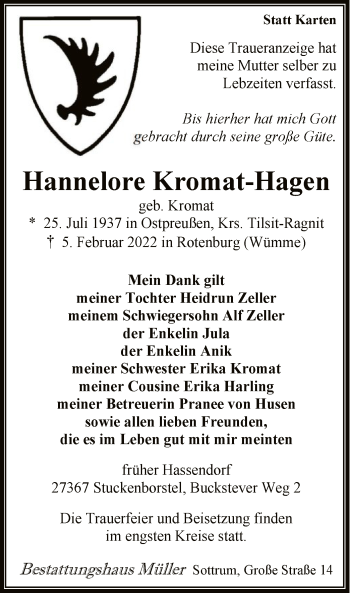 Todesanzeige von Hannelore Kromat-Hagen von SYK