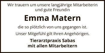 Todesanzeige von Emma Matern von SYK