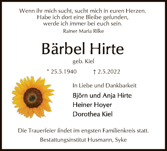 Todesanzeige von Bärbel Hirte von SYK