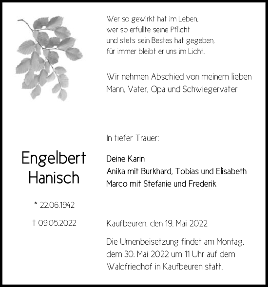 Todesanzeige von Engelbert Hanisch von SYK