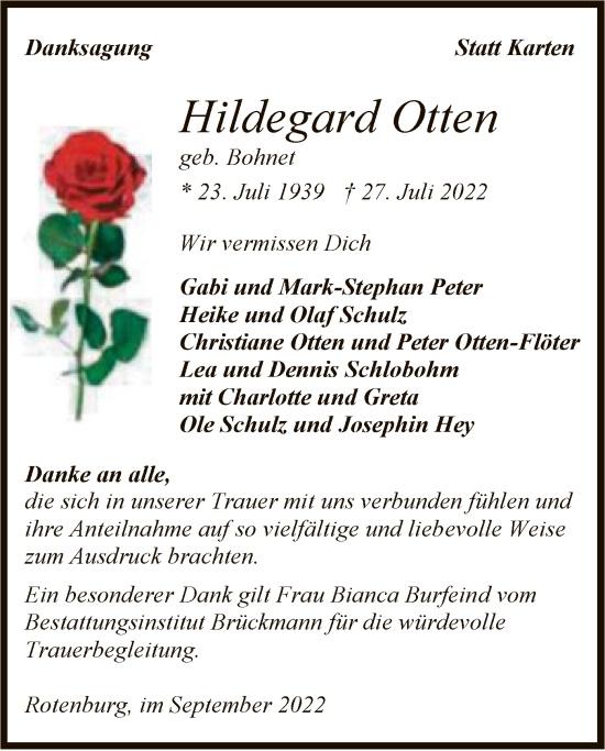 Todesanzeige von Hildegard Otten von SYK