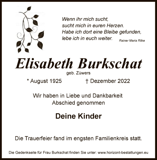 Todesanzeige von Elisabeth Burkschat von SYK