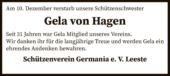 Todesanzeige von Gela von Hagen von SYK