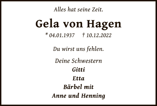 Todesanzeige von Gela von Hagen von SYK