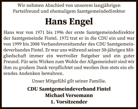 Todesanzeige von Hans Engel von SYK