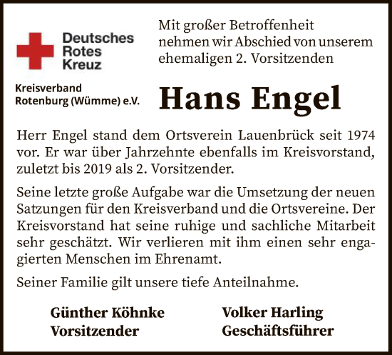 Todesanzeige von Hans Engel von SYK