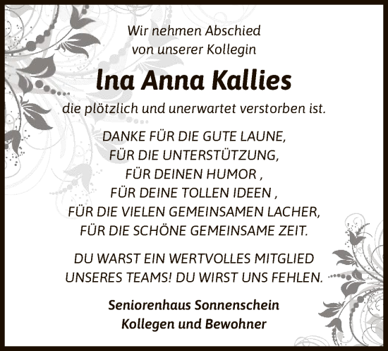 Todesanzeige von Ina Anna Kallies von SYK