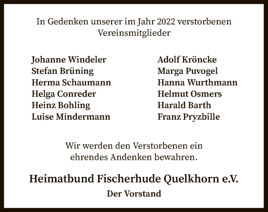 Todesanzeige von In Gedenken Heimatbund Fischerhude Quelkhorn e.V. von SYK