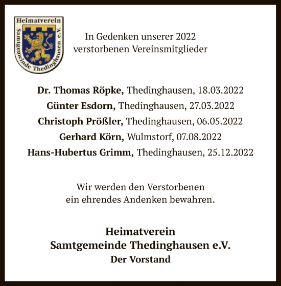 Todesanzeige von Nachruf Heimatverein Samtgemeinde Thedinghausen e.V. von SYK