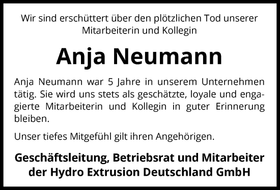 Todesanzeige von Anja Neumann von SYK