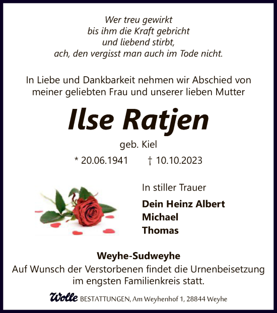 Todesanzeige von Ilse Ratjen von SYK