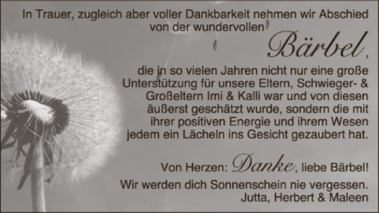 Todesanzeige von Bärbel  von SYK