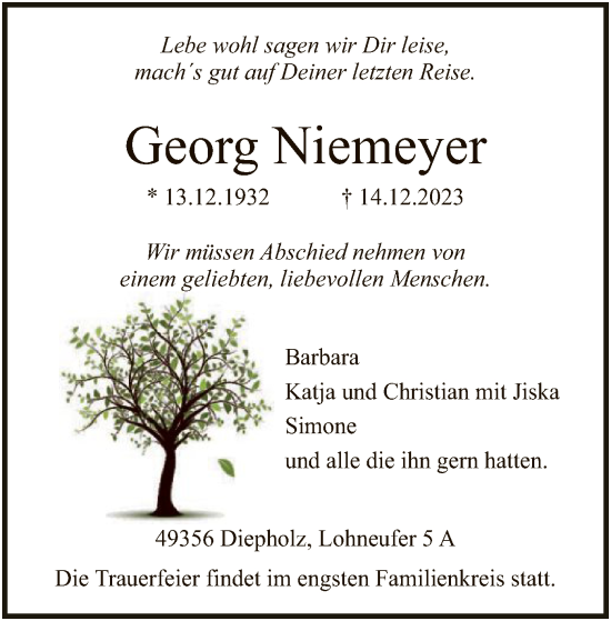 Todesanzeige von Georg Niemeyer von SYK