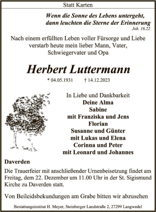 Todesanzeige von Herbert Luttermann von SYK