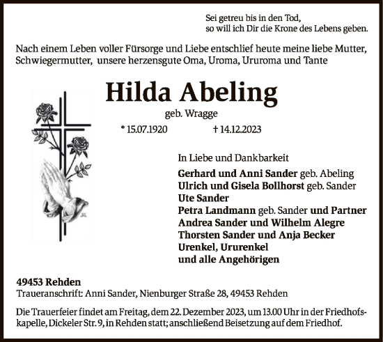 Todesanzeige von Hilda Abeling von SYK