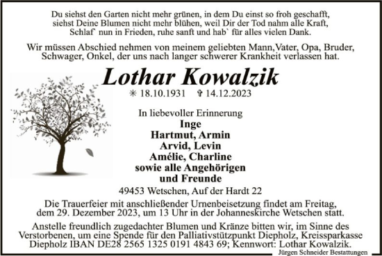 Todesanzeige von Lothar Kowalzik von SYK