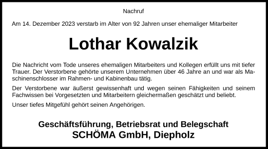 Todesanzeige von Lothar Kowalzik von SYK