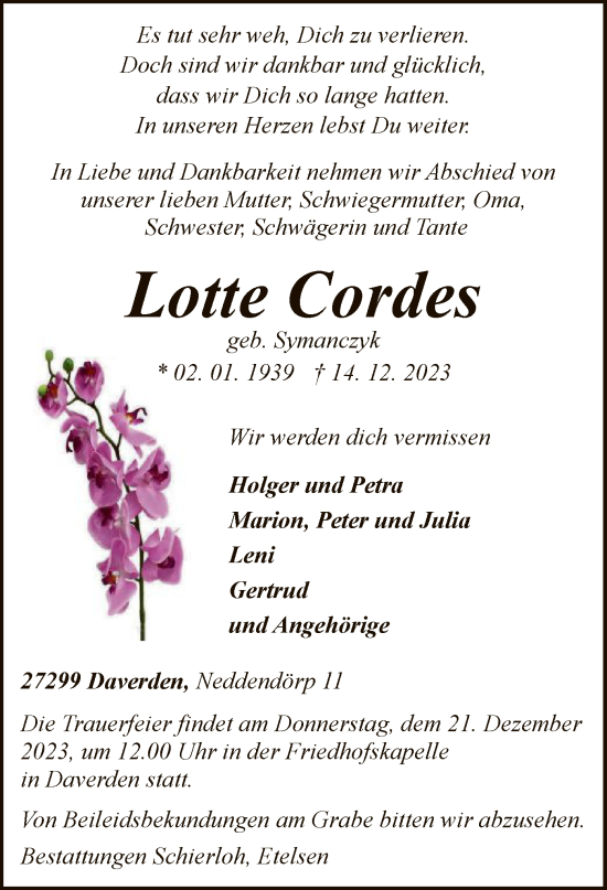 Todesanzeige von Lotte Cordes von SYK