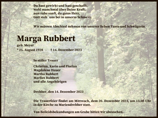 Todesanzeige von Marga Rubbert von SYK