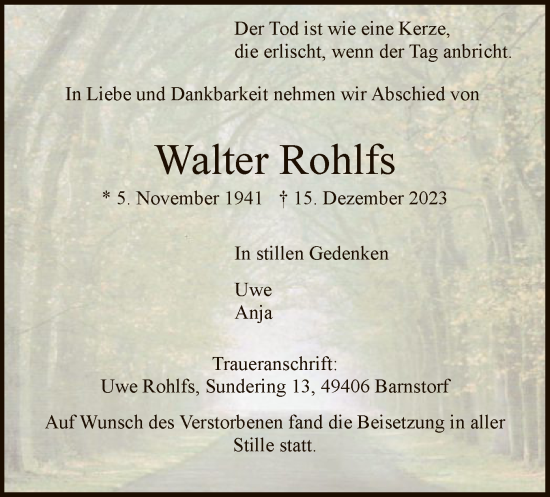 Todesanzeige von Walter Rohlfs von SYK