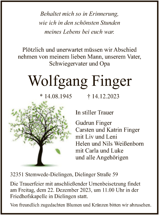 Todesanzeige von Wolfgang Finger von SYK