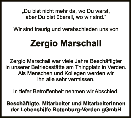 Todesanzeige von Zergio Marschall von SYK