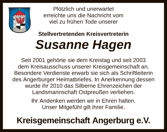 Todesanzeige von Susanne Hagen von SYK