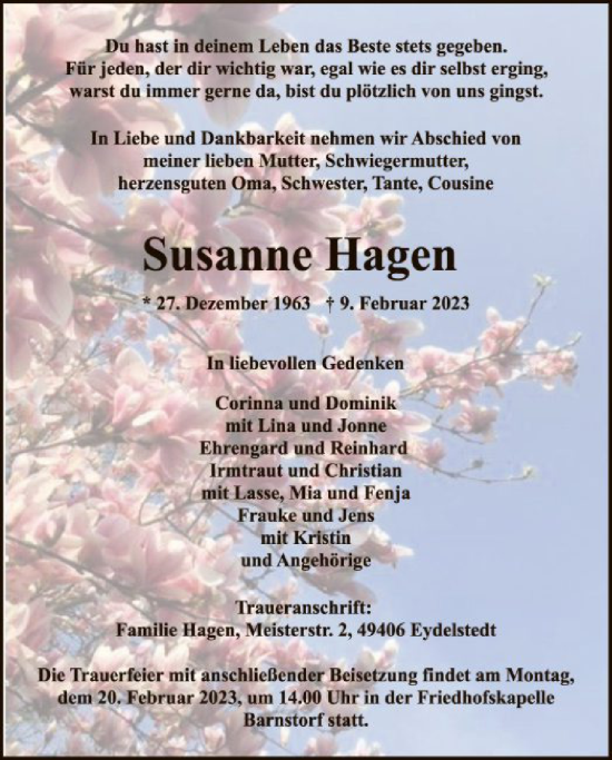 Todesanzeige von Susanne Hagen von SYK