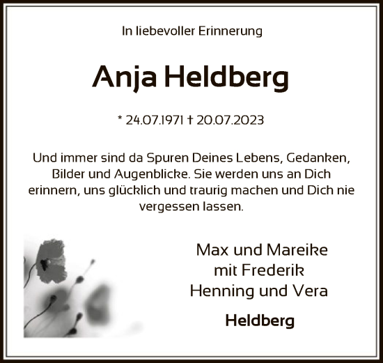 Todesanzeige von Anja Heldberg von SYK