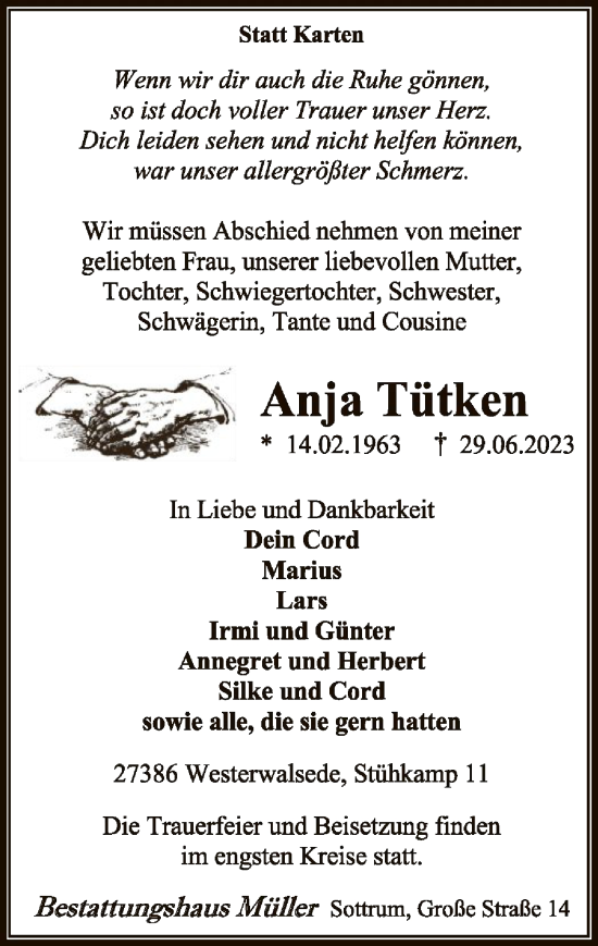 Todesanzeige von Anja Tütken von SYK