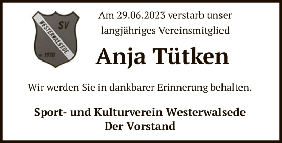 Todesanzeige von Anja Tütken von SYK