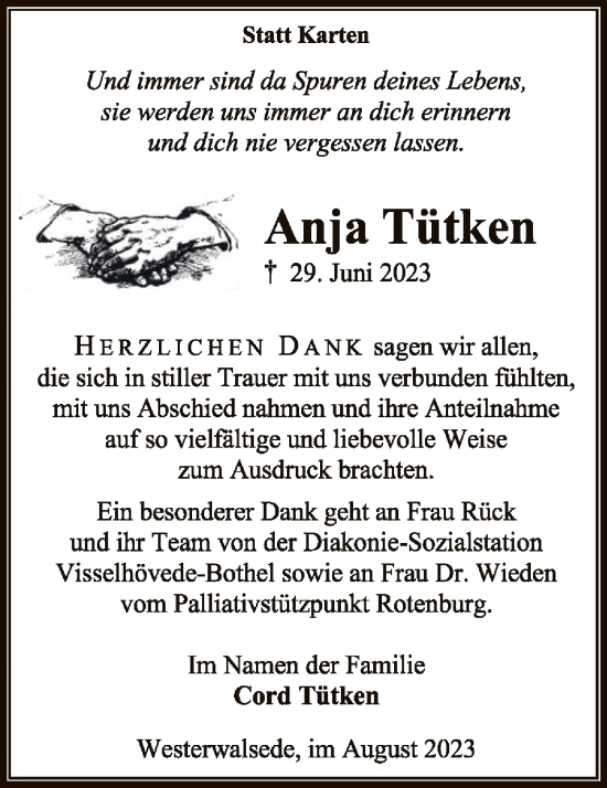 Todesanzeige von Anja Tütken von SYK