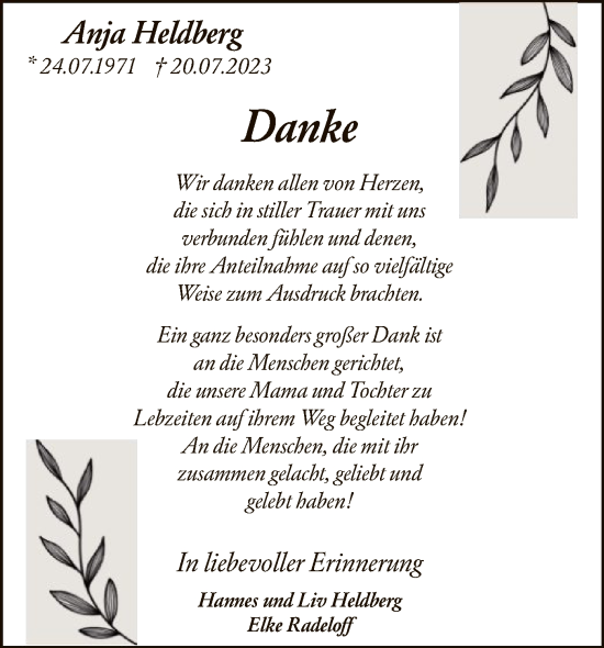 Todesanzeige von Anja Heldberg von SYKSYK