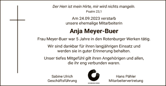 Todesanzeige von Anja Meyer-Buer von SYK