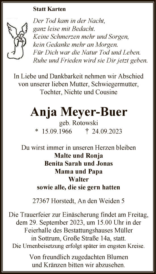 Todesanzeige von Anja Meyer-Buer von SYK