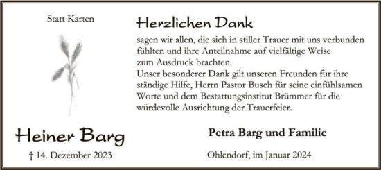 Todesanzeige von Heiner Barg von SYK